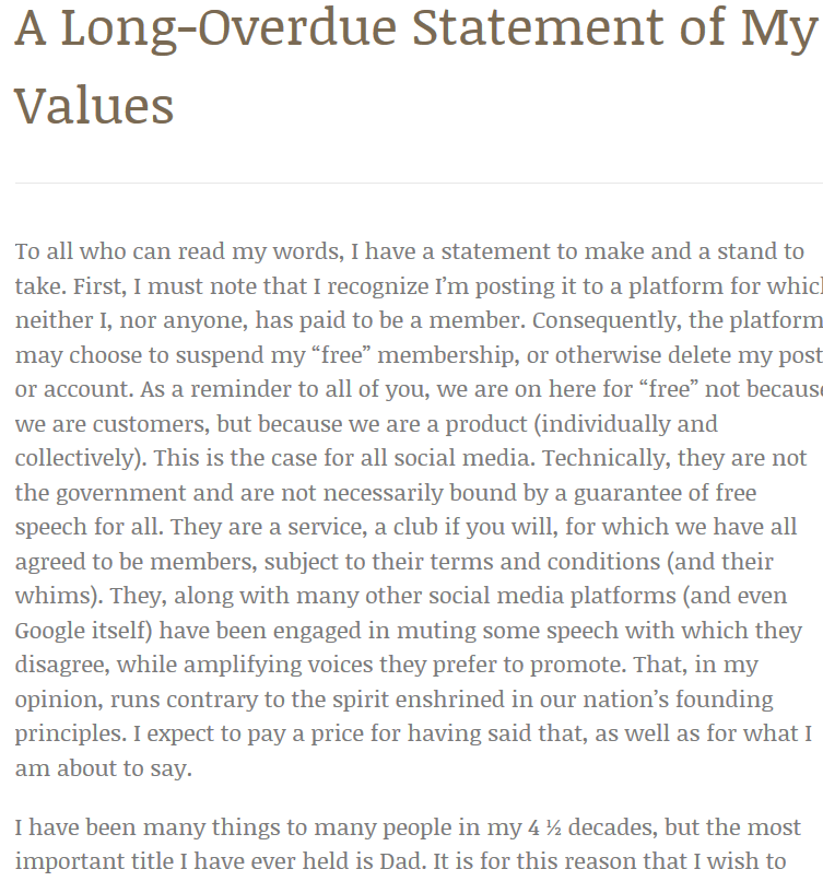 A Long-Overdue Statement of My&nbsp;Values